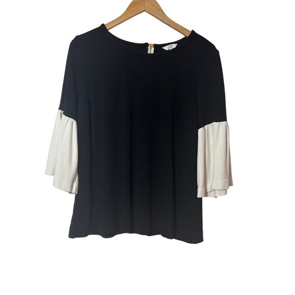 Crown & Ivy Women L Ivory Black 3/4 Sleeve Gold Back Zipper Top Chic Classic - Picture 1 of 8